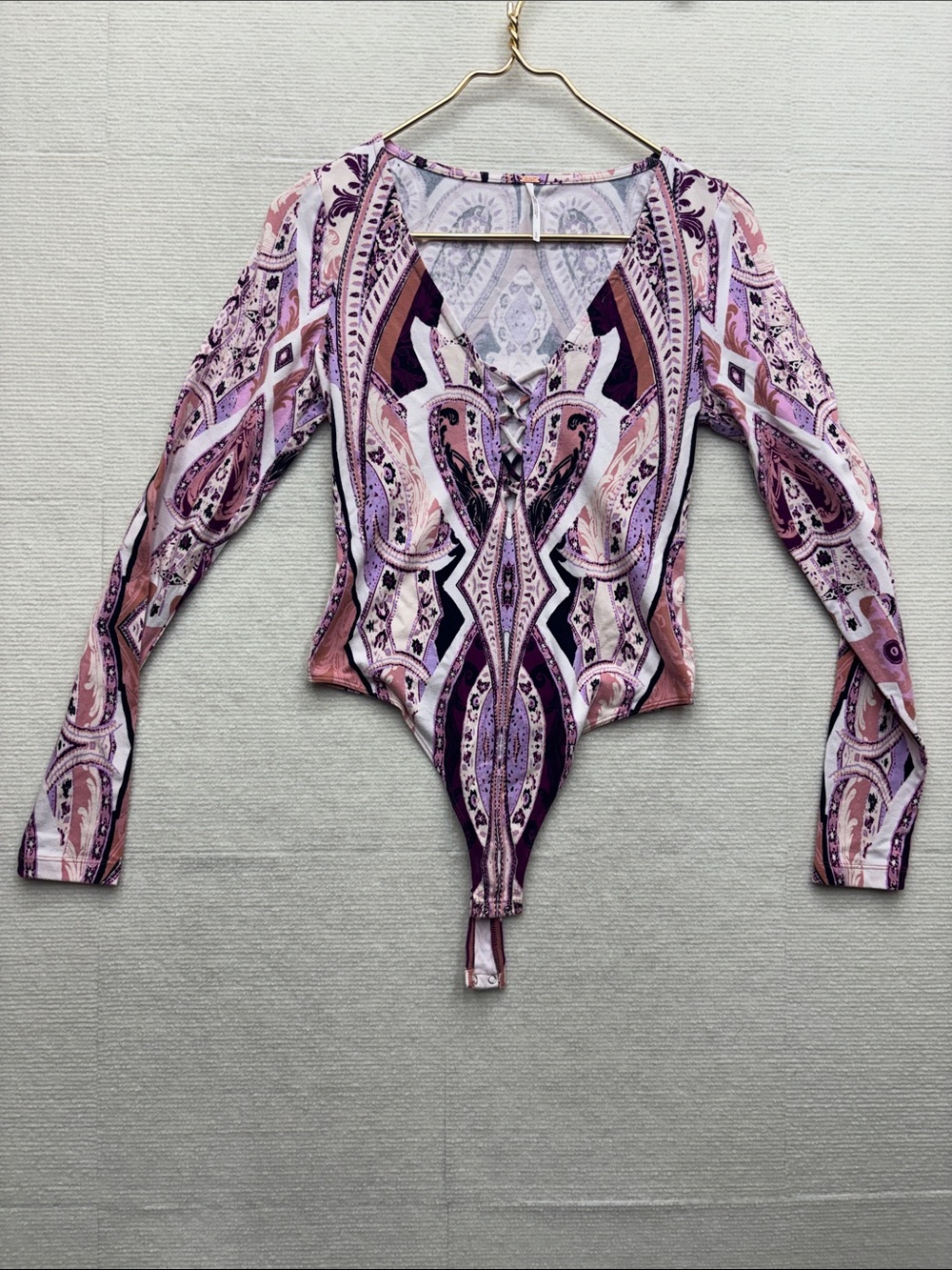 Free People Pink Paisley Lace-Up Long Sleeve Bodysuit s